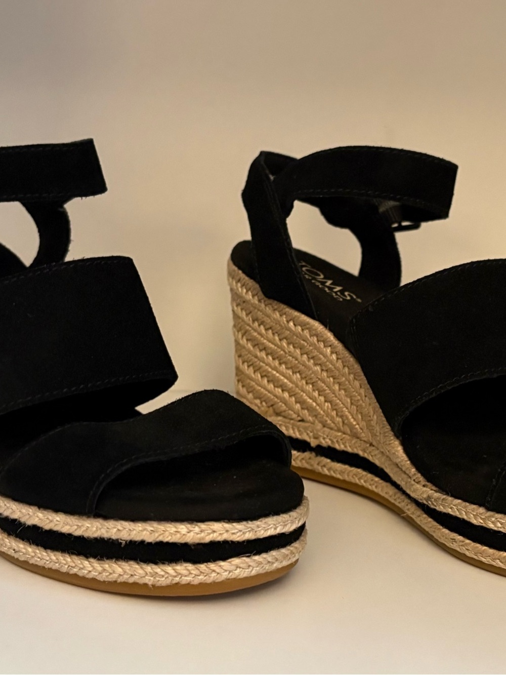 TOMS Black Suede Espadrille Wedge Sandals with Ankle Strap - Picture 3 of 10